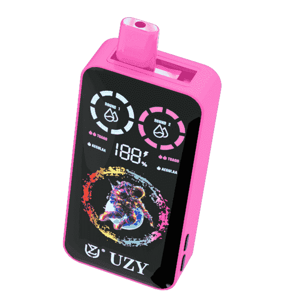 Bright pink electronic vaping device with a digital display, astronaut graphic, dual indicator dials, and the brand name UZY.