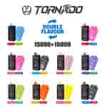 Collection of Tornado brand double flavour vape devices in various color combinations, each labeled with two different flavors such as Watermelon Ice and Lemon Lime, Fizzy Cherry Ice and Blueberry Cotton Candy, among others, with the text 'DOUBLE FLAVOUR' and '15000+15000' at the center.