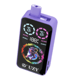 Purple electronic vaping device with a digital display showing battery percentage, round indicators, and a colorful astronaut illustration, branded with the name UZY.