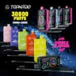 Assorted colorful TORNADO branded vape devices displaying 30,000 puffs and double flavour, with product graphics and bold promotional text on a dynamic dark background.