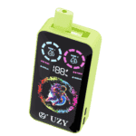 Lime green UZY electronic vape device featuring a digital display with battery percentage, two labeled sections (Round 1 and Round 2), and a colorful astronaut graphic on the front.