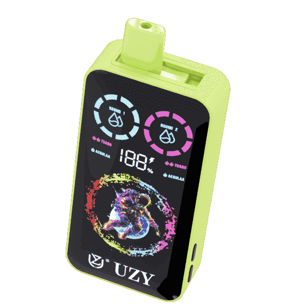 Lime green UZY electronic vape device featuring a digital display with battery percentage, two labeled sections (Round 1 and Round 2), and a colorful astronaut graphic on the front.