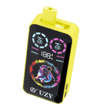 Yellow electronic vape device featuring a digital screen with battery percentage, circular indicators labeled 'Round 1' and 'Round 2,' and a colorful astronaut graphic with the brand name UZY at the bottom.