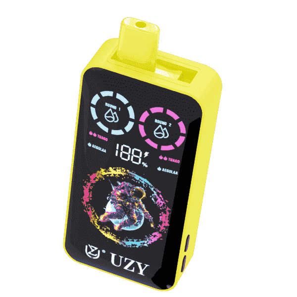 Yellow electronic vape device featuring a digital screen with battery percentage, circular indicators labeled 'Round 1' and 'Round 2,' and a colorful astronaut graphic with the brand name UZY at the bottom.
