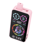 Pink electronic vape device with a digital display showing battery percentage, two round indicators, and a colorful astronaut graphic, branded with the UZY logo.