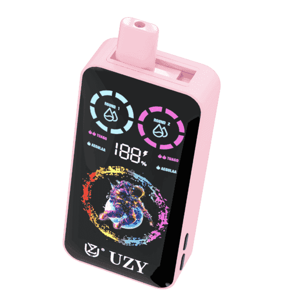 Pink electronic vape device with a digital display showing battery percentage, two round indicators, and a colorful astronaut graphic, branded with the UZY logo.
