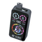 A black UZY vape device with a digital display showing battery percentage, round indicators, and a colorful astronaut graphic on the front.