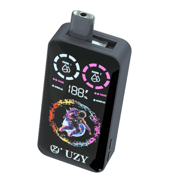 A black UZY vape device with a digital display showing battery percentage, round indicators, and a colorful astronaut graphic on the front.