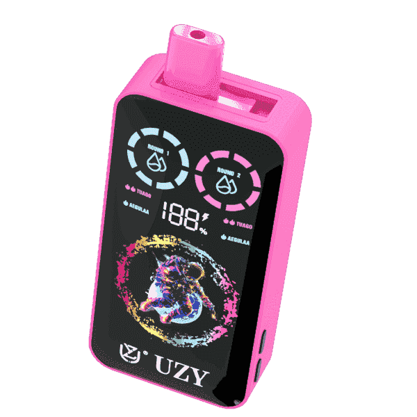 Pink rectangular electronic vaping device with a digital display showing battery percentage, two control dials, and a colorful astronaut graphic, branded with the name UZY.