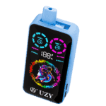 A blue UZY electronic vaping device featuring a digital display with battery percentage, dual vape liquid indicators, and a colorful astronaut graphic.