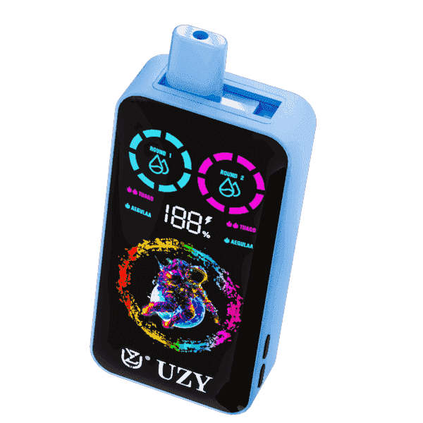 A blue UZY electronic vaping device featuring a digital display with battery percentage, dual vape liquid indicators, and a colorful astronaut graphic.