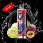 Un appareil de vape coloré étiqueté ' CRYSTAL 10000 ' avec un graphisme de gorille stylisé, entouré de tranches de melon et de fruit de la passion, sur un fond noir avec une éclaboussure d'eau et un coup de pinceau rouge indiquant ' Love 66 '.