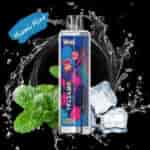 Appareil de vape coloré étiqueté ' Crystal 10000 ' avec une illustration stylisée de singe, entouré de feuilles de menthe, de glaçons et d'éclaboussures d'eau sur fond noir, avec le texte ' Miami Mint ' dans le coin.