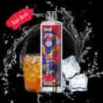 Vape Uwin Crystal Red Bull avec des illustrations de gorilles colorées, placées devant un verre de boisson glacée et des glaçons, avec une éclaboussure d'eau et le texte ' Red Bull ' sur fond noir.