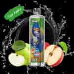 Vape jetable Uwin Crystal avec un emballage coloré, étiqueté ' Two Apple ', exposé devant des éclaboussures d'eau et deux pommes, une verte et une rouge, chacune tranchée pour montrer leur intérieur.