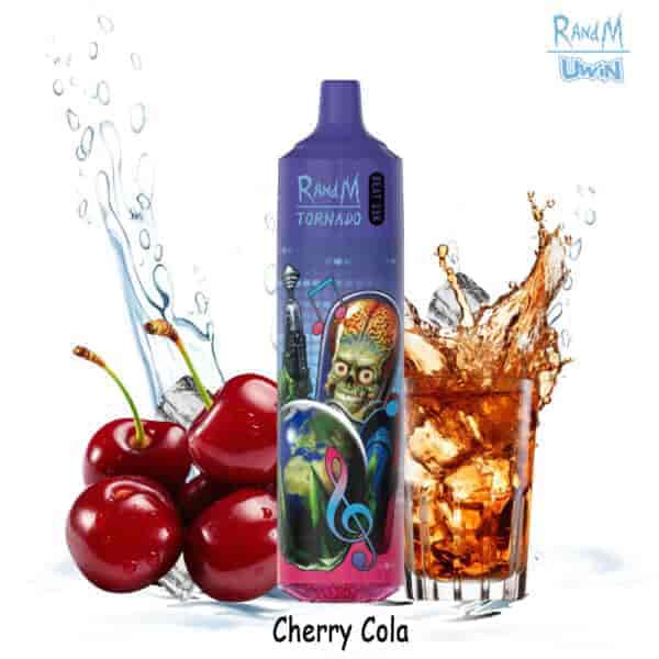 Dispositivo de vapeo RandM Tornado con un diseño morado protagonizado por un extraterrestre, colocado entre cerezas frescas y un vaso de cola con hielo, con el sabor etiquetado como Cherry Cola.