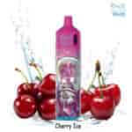Dispositivo de vapeo RandM Tornado frente a cerezas frescas y cubitos de hielo con salpicaduras de agua, etiquetados como 'Cherry Ice'.
