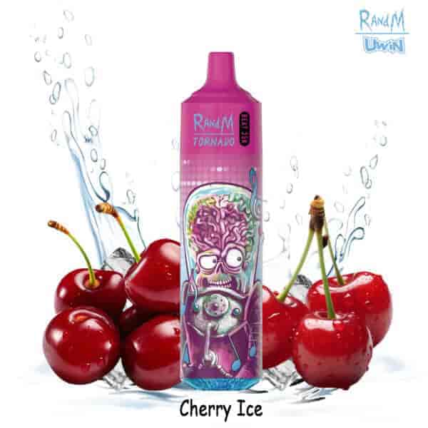 Dispositivo de vapeo RandM Tornado frente a cerezas frescas y cubitos de hielo con salpicaduras de agua, etiquetados como 'Cherry Ice'.