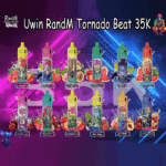 Exhibición de dispositivos de vapeo Uwin RandM Tornado Beat 35K en varios sabores, cada uno con ilustraciones coloridas de personajes de dibujos animados y frutas asociadas como bayas, sandía, cereza, melocotón y maracuyá, sobre un fondo vibrante con luces de neón.