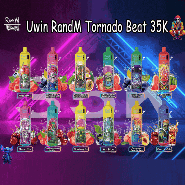 Exhibición de dispositivos de vapeo Uwin RandM Tornado Beat 35K en varios sabores, cada uno con ilustraciones coloridas de personajes de dibujos animados y frutas asociadas como bayas, sandía, cereza, melocotón y maracuyá, sobre un fondo vibrante con luces de neón.