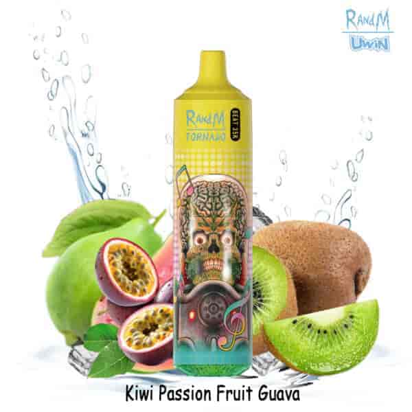 Vape RandM Tornado con una gorra amarilla con un diseño de calavera y música, rodeado de kiwi, maracuyá y guayaba, con salpicaduras de agua y cubitos de hielo de fondo; sabor etiquetado como Kiwi Passion Fruit Guava.