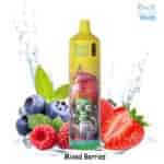 Un colorido dispositivo de vapeo con la etiqueta 'RandM Tornado' con un gráfico de zombie de dibujos animados, rodeado de arándanos, frambuesas, fresas, cubitos de hielo y salpicaduras de agua frescos, que representan el sabor de las bayas mixtas.