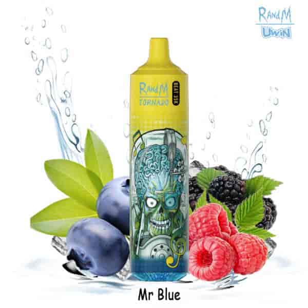 Dispositivo de vapeo RandM Tornado con una ilustración de una calavera de ciencia ficción, rodeada de arándanos, frambuesas, moras, hojas verdes y salpicaduras de agua, con la etiqueta 'Mr Blue'.