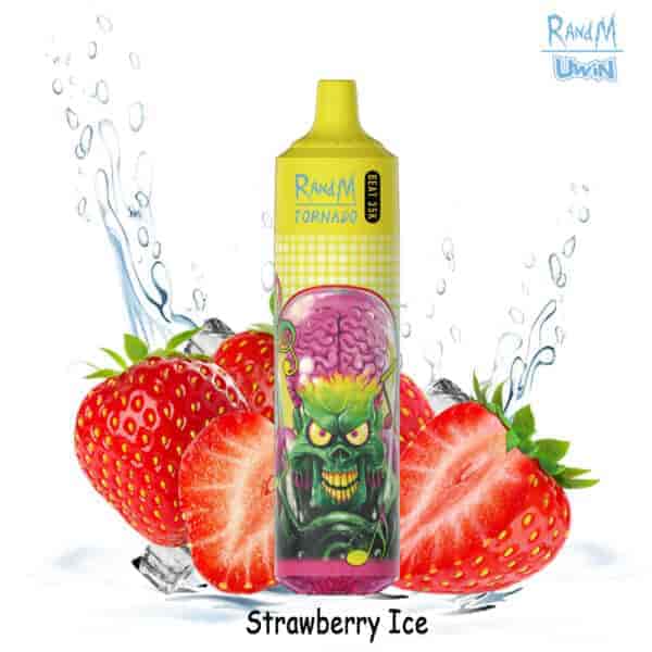 Dispositivo de vapeo RandM Tornado con un colorido gráfico alienígena, rodeado de fresas frescas, cubitos de hielo y un chorrito de agua, con la etiqueta sabor "Strawberry Ice".