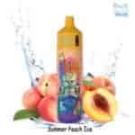 Vaporizador desechable con la etiqueta 'RandM Tornado Beat 15K' con un colorido diseño de cerebro alienígena, rodeado de melocotones, cubitos de hielo, salpicaduras de agua y el texto 'Summer Peach Ice'.'