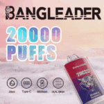 「20000 パフ」というラベルの付いた製品を特徴とする BANGLEADER VAPE のプロモーション画像。トラのグラフィック、ブルーベリー ラズベリー フレーバー、28 ml の容量、Type-C 充電、650 mAh バッテリー、デュアル メッシュ コイルを示すアイコンが表示されています。.