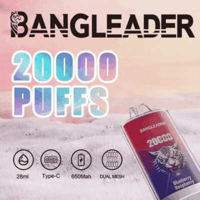 Kampanjbild för BANGLEADER vape med en produkt märkt '20000 puffar', som visar en tigergrafik, blåbärshallonsmak och ikoner som indikerar 28 ml kapacitet, Type-C-laddning, 650 mAh batteri och dubbla mesh-spolar.