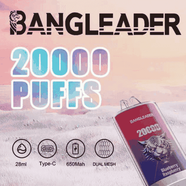 「20000 パフ」というラベルの付いた製品を特徴とする BANGLEADER VAPE のプロモーション画像。トラのグラフィック、ブルーベリー ラズベリー フレーバー、28 ml の容量、Type-C 充電、650 mAh バッテリー、デュアル メッシュ コイルを示すアイコンが表示されています。.