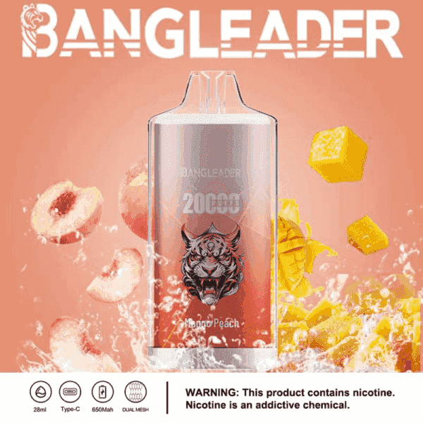 BangLeader の電子タバコ デバイスには、トラのイラストとマンゴー ピーチのフレーバーが表示され、ピーチとマンゴーの部分の画像に囲まれ、下部に製品の特徴とニコチンの警告が表示されます。.