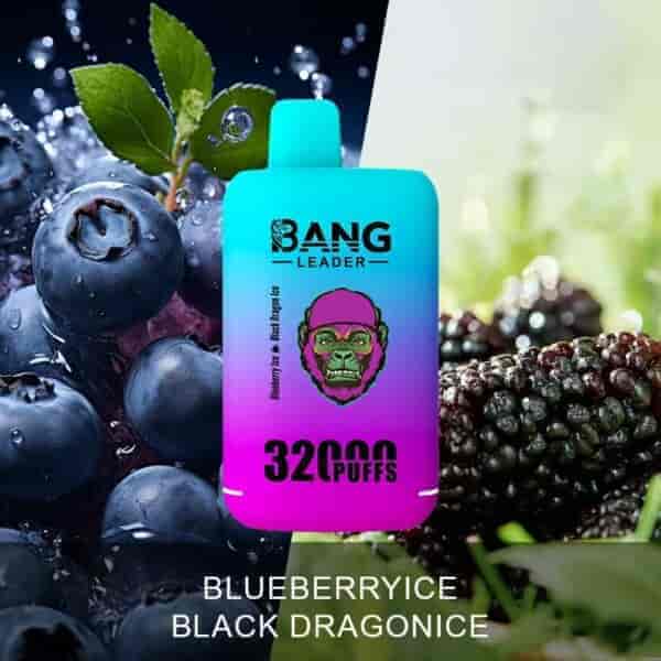 En Bang Leader vape-enhet med en blå och rosa gradientdesign, som visas mellan färska blåbär stänkta med vatten till vänster och björnbär till höger, med texten 'Blueberry Ice Black Dragon Ice' och '32 000 puffar'.