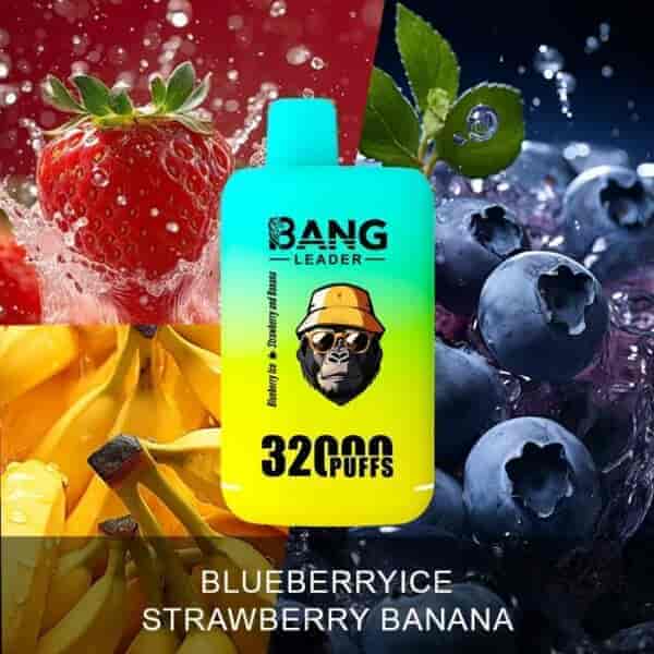 Vapeapparat för engångsbruk märkt 'BANG LEADER 32 000 PUFFS' med smaker av blåbär, jordgubbar och bananer, omgiven av färska blåbär, jordgubbar och bananer.