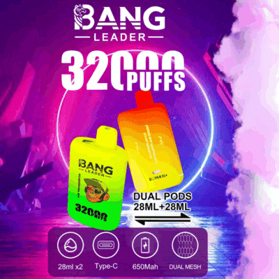 Annons för Bang Leader vape med färgglada vape-enheter, som framhäver 32 000 bloss, dubbla kapslar med 28 ml vardera, Type-C-laddning, 650 mAh batteri och dubbel mesh-teknik mot en neonupplyst bakgrund.