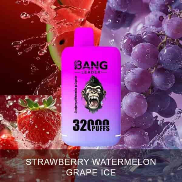 Bang Leader engångsvape med en gorillalogotyp som visas framför stänkande jordgubbar, vattenmelon och vindruvor, som främjar smaken Strawberry Watermelon Grape Ice och 3200 puffar.