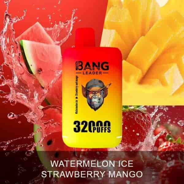 Bang Leader vape-enhet med 32 000 puffsmak visas mot en bakgrund av vattenmelonskivor, jordgubbar och mango i tärningar, som representerar vattenmelonis, jordgubbar och mangosmaker.