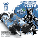 Bang Blaze disposable vape devices with blue and black design featuring an armored winged character illustration and blueberries, highlighting 60000 puffs and product specifications.