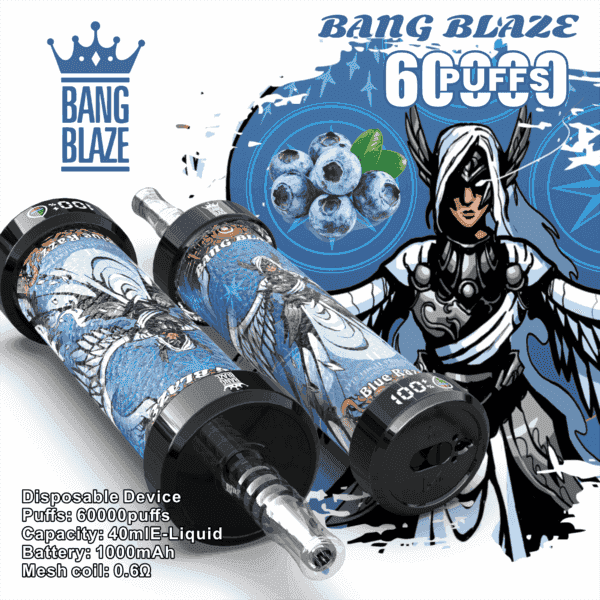 Bang Blaze disposable vape devices with blue and black design featuring an armored winged character illustration and blueberries, highlighting 60000 puffs and product specifications.