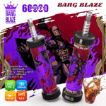 Promotional image for BANG BLAZE, a disposable vape device with artwork featuring a knight-like character in vivid red, purple, and black colors, showing key product features including 60000 puffs, 40ml capacity, 1000mAh battery, mesh coil, and Type-C charging, with a splash of brown liquid in a glass at the bottom right corner.