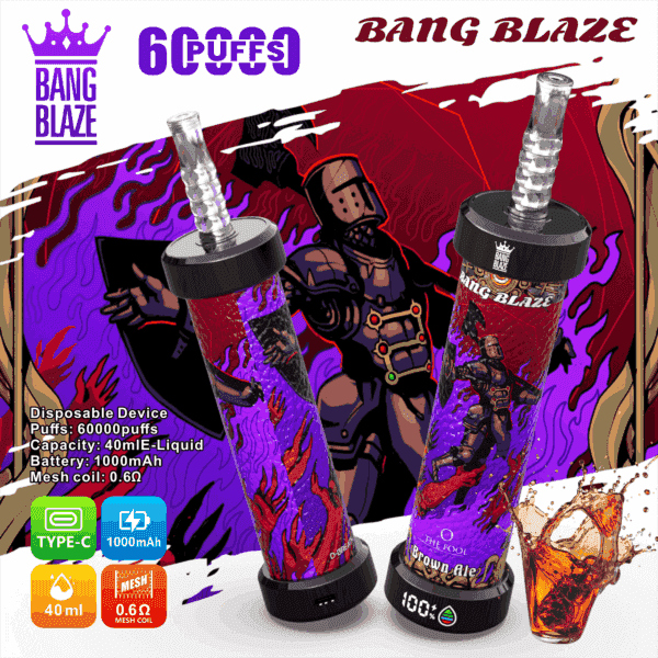 Promotional image for BANG BLAZE, a disposable vape device with artwork featuring a knight-like character in vivid red, purple, and black colors, showing key product features including 60000 puffs, 40ml capacity, 1000mAh battery, mesh coil, and Type-C charging, with a splash of brown liquid in a glass at the bottom right corner.