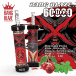 Bang Blaze disposable vape device labeled 'Cherry Mint' flavor, featuring a red devil-themed design, alongside illustrated cherries, mint leaves, and product specifications for 60,000 puffs, 40ml e-liquid, and 1000mAh battery.