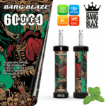 Colorful Bang Blaze disposable vape product packaging and device with a skull and red-caped warrior illustration, mint leaves, and icons highlighting 60,000 puffs, 40ml e-liquid, 1000mAh battery, mesh coil, and Type-C charging.