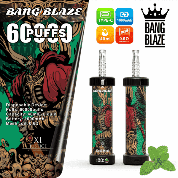 Colorful Bang Blaze disposable vape product packaging and device with a skull and red-caped warrior illustration, mint leaves, and icons highlighting 60,000 puffs, 40ml e-liquid, 1000mAh battery, mesh coil, and Type-C charging.