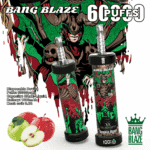 Promotional image for Bang Blaze disposable vape, featuring two vape devices with a fantasy-themed demon and knight design, highlights of 60000 puffs and double apple flavor, detailed product specs, and apples to emphasize flavor.
