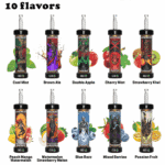 Ten vape devices in a grid, each with distinct artwork and labeled with different flavors: Cool Mint, Brown Ale, Double Apple, Cherry Mint, Strawberry Kiwi, Peach Mango Watermelon, Watermelon Strawberry Melon, Blue Razz, Mixed Berries, and Passion Fruit, with corresponding fruit or drink illustrations behind each device.