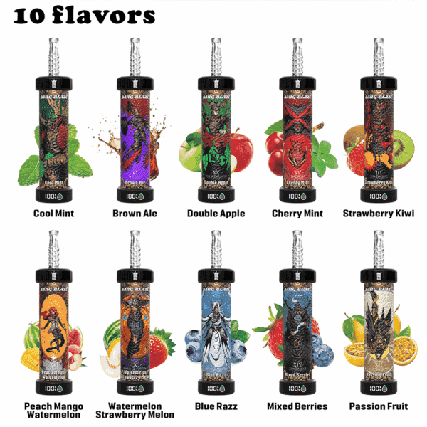 Ten vape devices in a grid, each with distinct artwork and labeled with different flavors: Cool Mint, Brown Ale, Double Apple, Cherry Mint, Strawberry Kiwi, Peach Mango Watermelon, Watermelon Strawberry Melon, Blue Razz, Mixed Berries, and Passion Fruit, with corresponding fruit or drink illustrations behind each device.