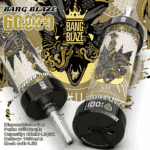 Two Bang Blaze disposable vape devices featuring ornate golden artwork and Medusa imagery, highlighted with product specifications and branding text.