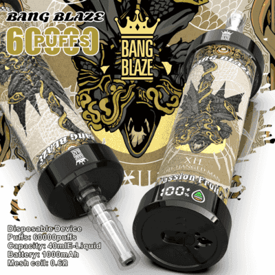 Två Bang Blaze vape-enheter för engångsbruk med utsmyckade gyllene konstverk och Medusa-bilder, markerade med produktspecifikationer och varumärkestext.